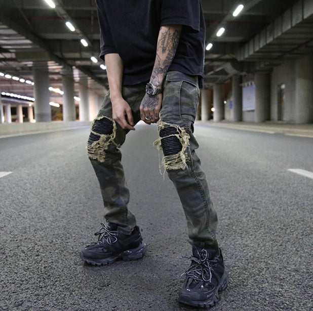 Grandpa high street coconut wind heavy wash old camouflage PU patch stitching military wind Slim work cloth pants tide