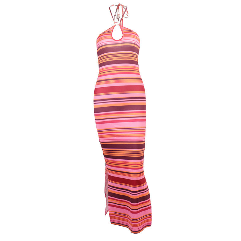 Striped Contrast Long Dress  Sexy Halter Strap Backless Wrap Chest Slit Dress