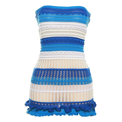 Women's Tube Top Backless Color Block Lace Knitted Dress