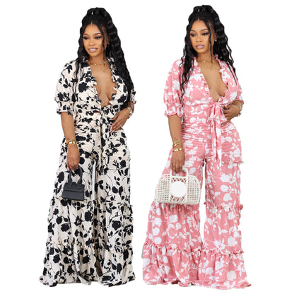 Deep V Printed Jumpsuit For Women