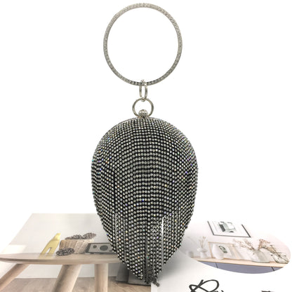 Round Dinner Bag With Diamond Stickers, Spherical Tassel Bag, Hot Diamond Handbag, Chain Bag