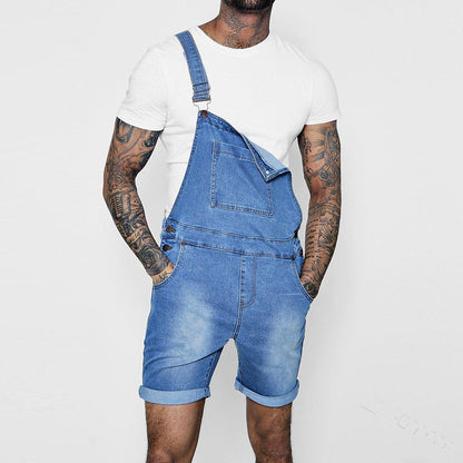 Fashion Men's Bib Trousers Rolled-up Jeans Jumpsuit