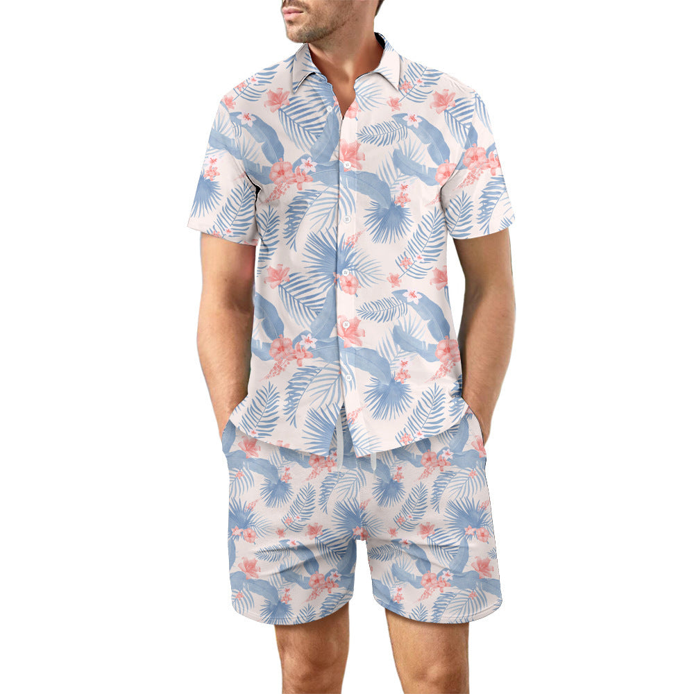 2Pcs Printed Beach Shirt Summer Suit Loose Lapel Button Top And Drawstring Pockets Shorts Casual Short Sleeve Suits For Men Clothing