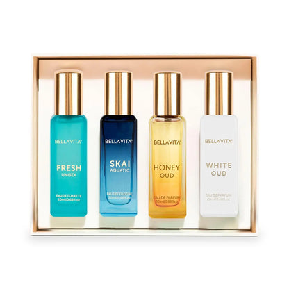 Generic Bella Vita Luxury Unisex Eau De Parfum Gift Set 4 x 20ml for Men & Women with SKAI, FRESH, WHITEOUD, HONEY OUD Perfume Long Lasting EDP Fragrance Scent 4~11days