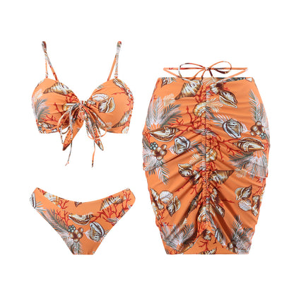 Printed Tube Top Bikini Three Piece Swimsuit Split Women