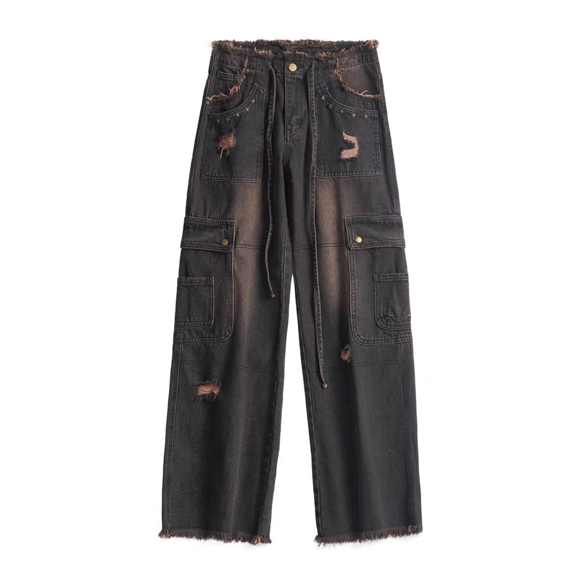 Plus Size Retro Washed Burr Damage Cargo Jeans