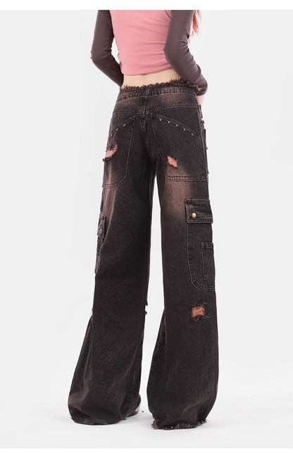 Plus Size Retro Washed Burr Damage Cargo Jeans