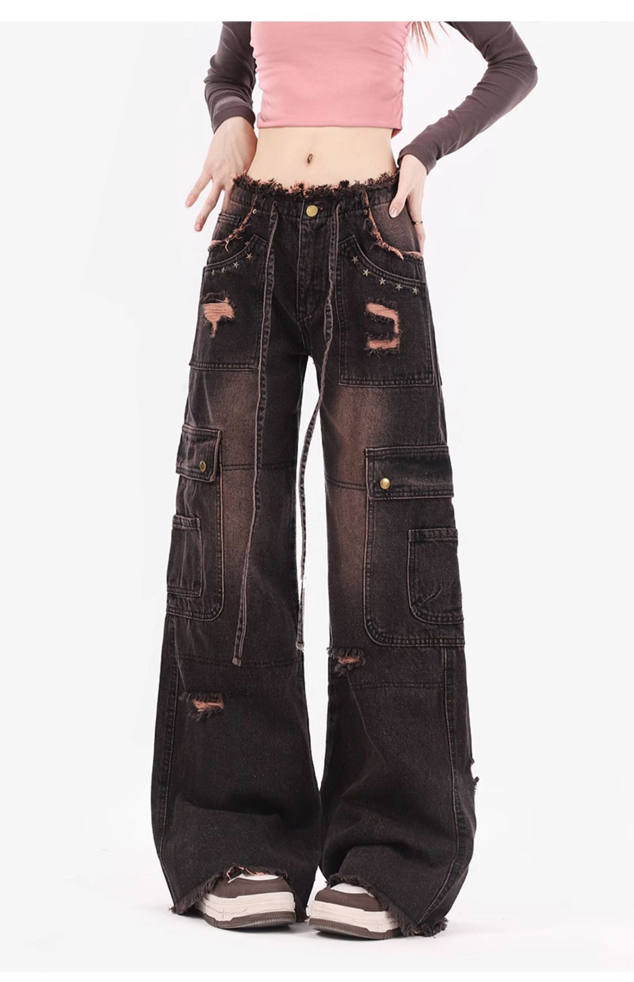 Plus Size Retro Washed Burr Damage Cargo Jeans