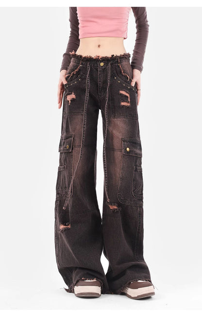 Plus Size Retro Washed Burr Damage Cargo Jeans