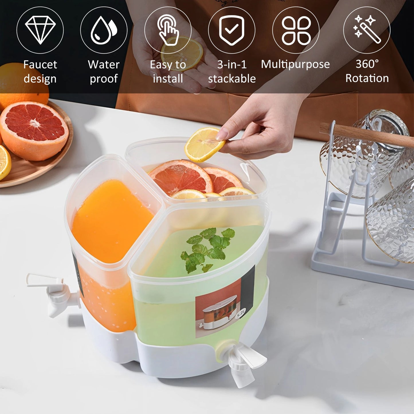 5.1L Drink Dispenser With Leakproof Faucet 360° Rotatable Juice Jug Dispenser 3 Compartment Removable Beverage Dispenser 9~13days