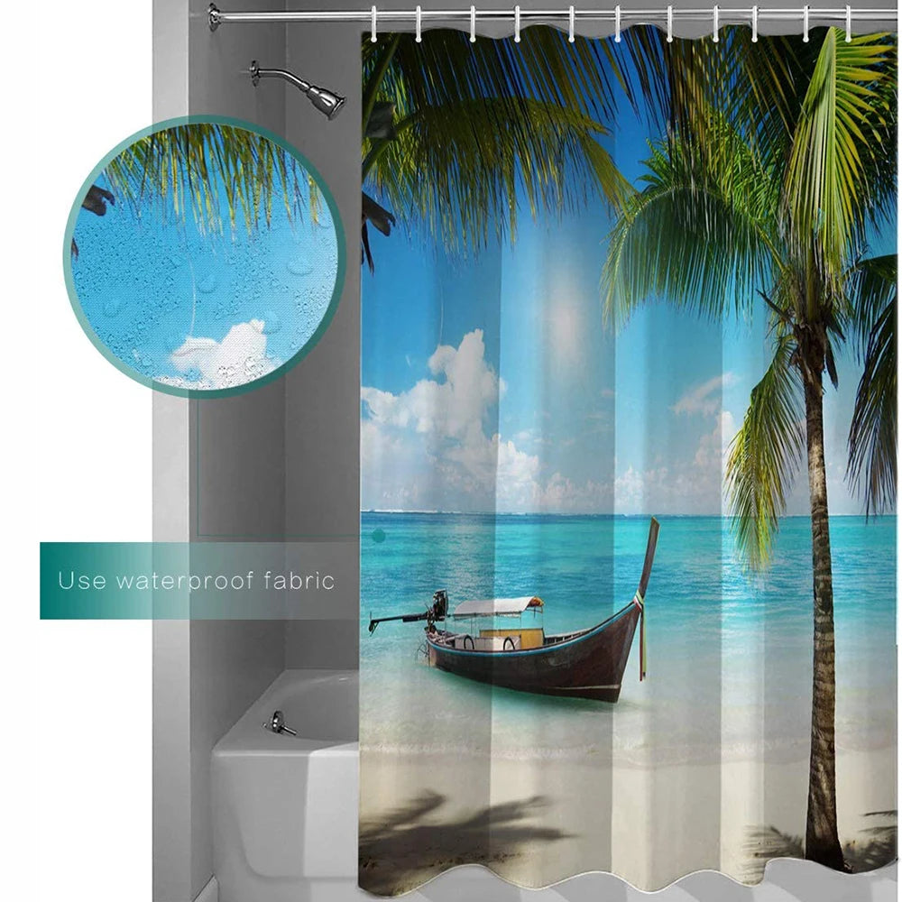 Bathroom Shower 3D Tropical Island Summer Beach Design, 12 Hooks 2~8days