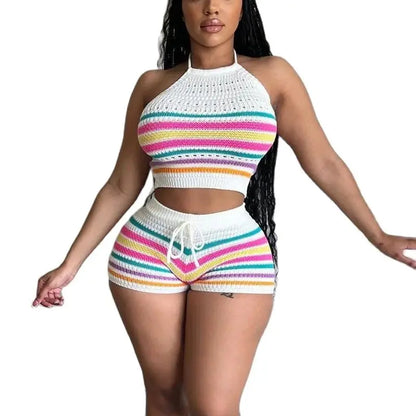 Women Suits Hhanging Neck Lace-up Sleeveless Backless Tops Female Casual Knitted Rainbow Stripes Two Piece Sets Slim Fit Shorts 7~10days