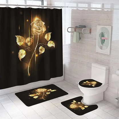 Gold Rose Bathroom Set Luxury Shower Curtain 4pcs 7~16days