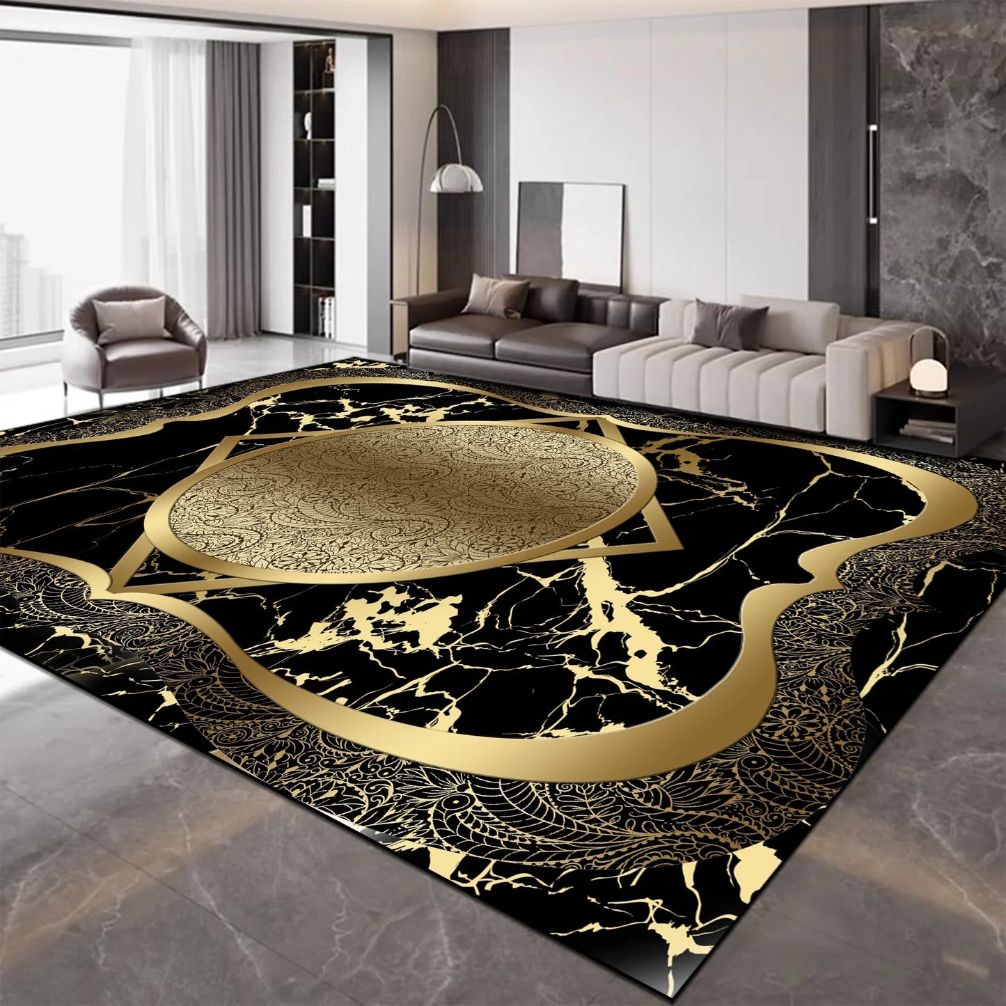 European Luxury Large Living Room Carpet Golden Fashion Decoration Home Sofa Side Floor Mats Non-slip Washable Rugs for Bedroom 7~16days