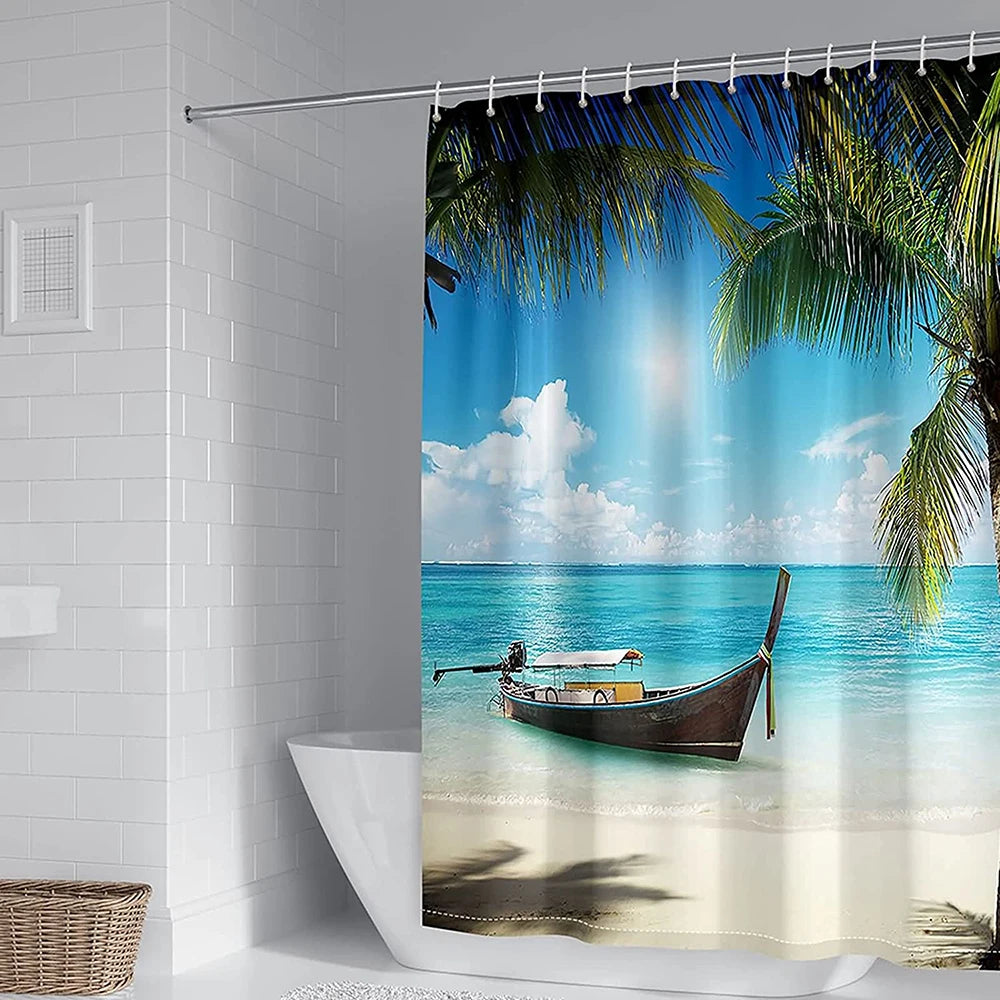 Bathroom Shower 3D Tropical Island Summer Beach Design, 12 Hooks 2~8days