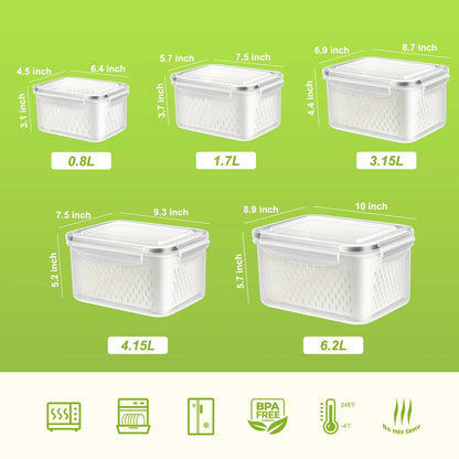 Fridge Food Storage Container with Lids, Plastic Fresh Produce Saver Keeper for Vegetable Fruit Kitchen Refrigerator Organizers 7~10days