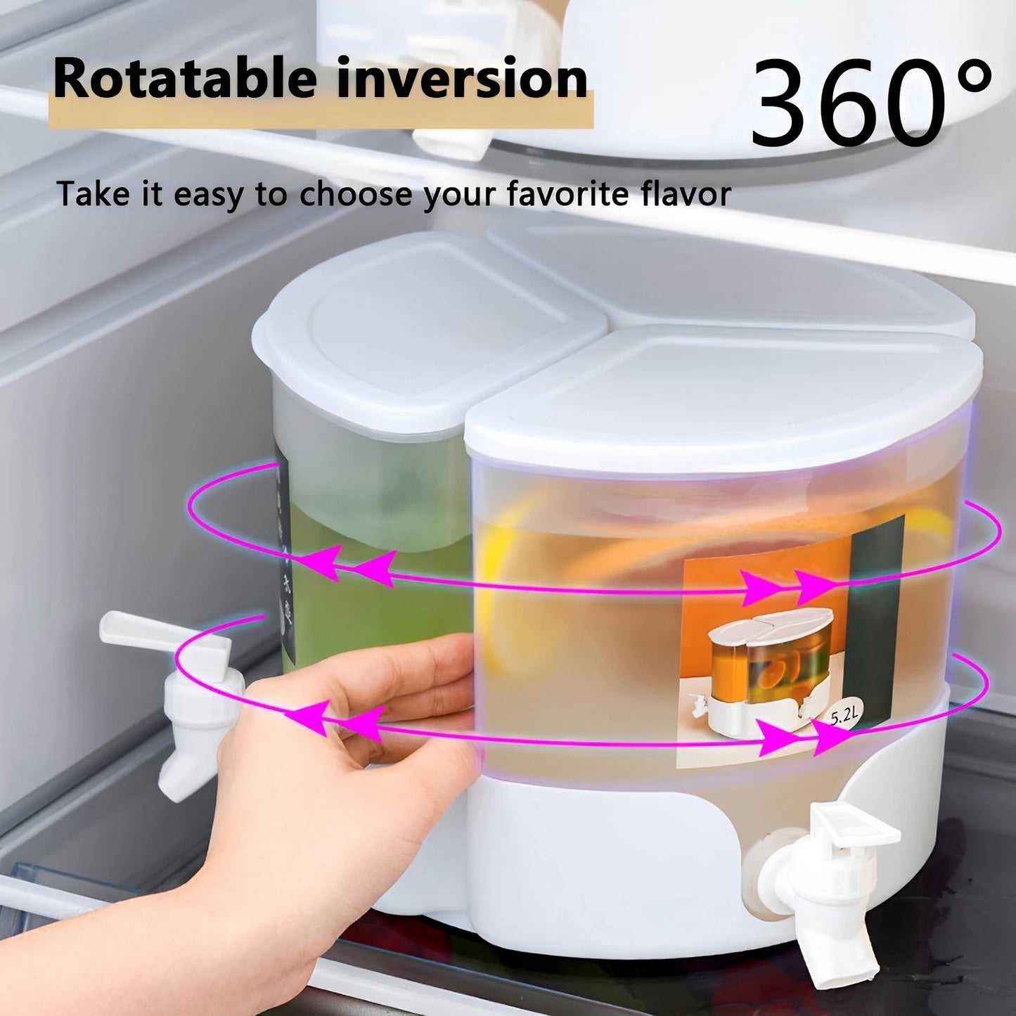 5.1L Drink Dispenser With Leakproof Faucet 360° Rotatable Juice Jug Dispenser 3 Compartment Removable Beverage Dispenser 9~13days