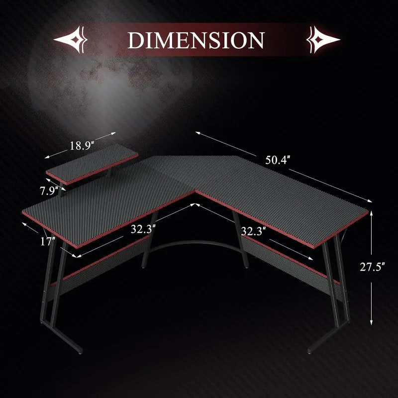 L Shaped Gaming Desk, 51 Inch Computer Corner Table with Large Monitor Stand & Carbon Fiber Surface for Home Office Study 2~8days