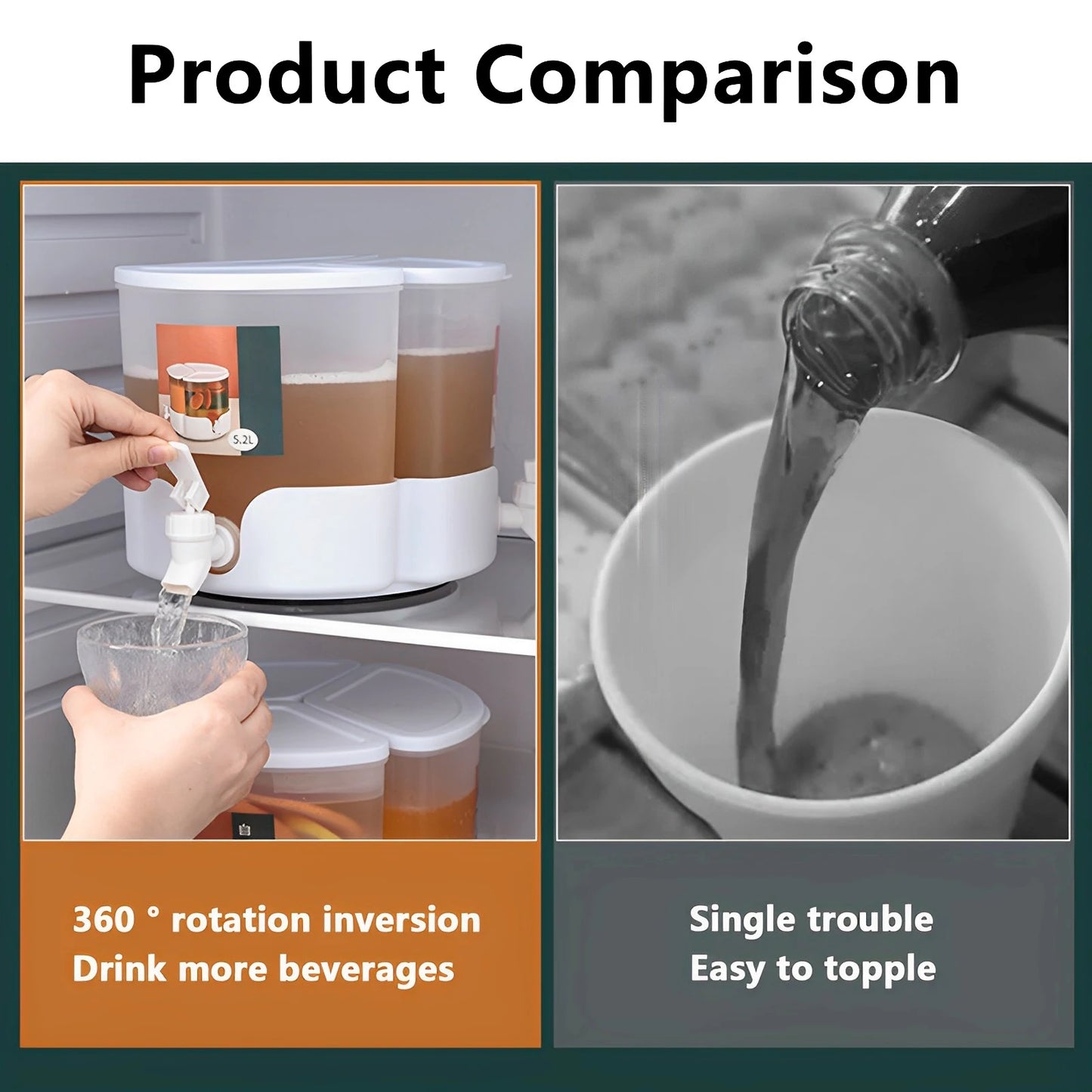 5.1L Drink Dispenser With Leakproof Faucet 360° Rotatable Juice Jug Dispenser 3 Compartment Removable Beverage Dispenser 9~13days