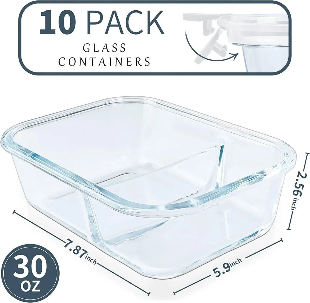 KOMUEE 10 Packs 30oz Glass Meal Prep Containers 2 Compartments,Glass Food Storage Containers W/ Lids,Airtight Glass Lunch Bento 2~8days