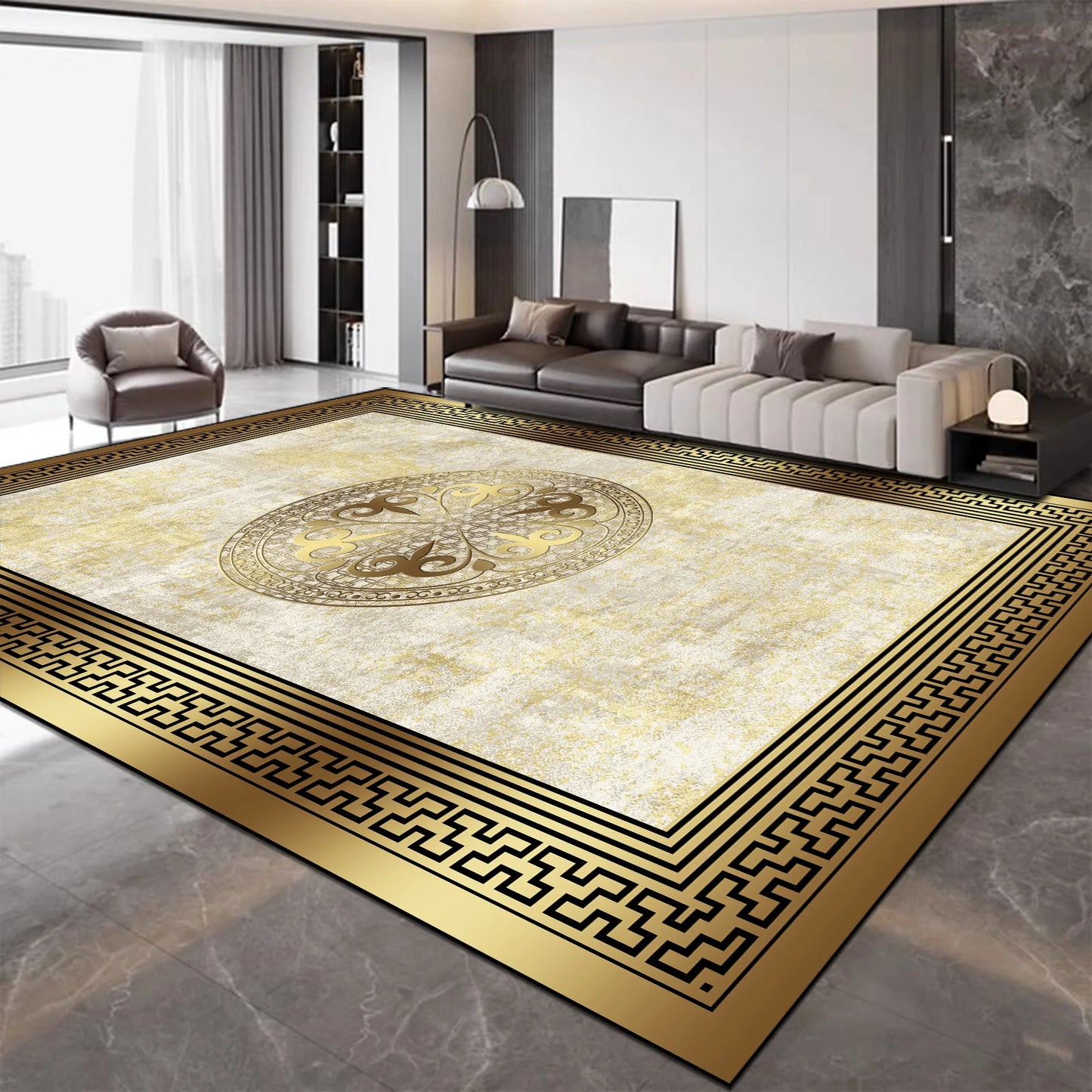 European Luxury Large Living Room Carpet Golden Fashion Decoration Home Sofa Side Floor Mats Non-slip Washable Rugs for Bedroom 7~16days