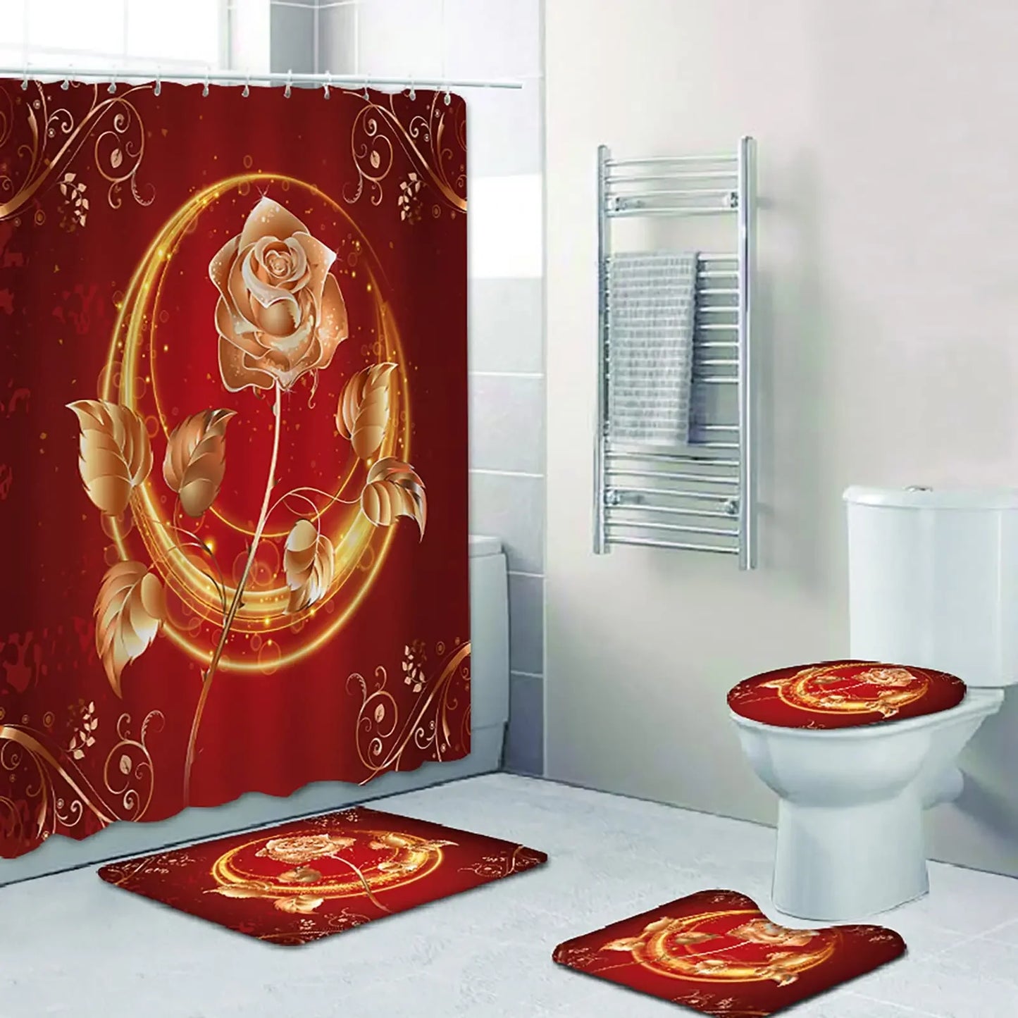 Gold Rose Bathroom Set Luxury Shower Curtain 4pcs 7~16days