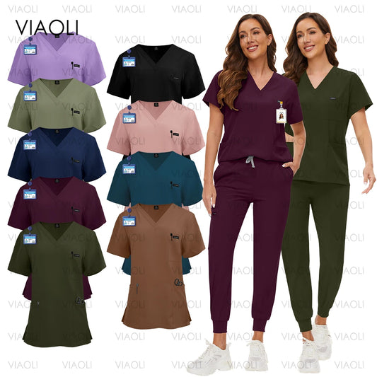 Scrubs Uniform Suit Short Sleeve V-neck Tops+jogger Pants Set 9~14days