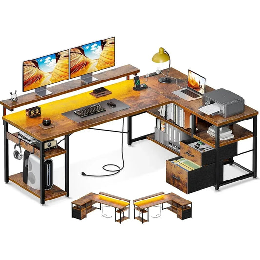 L Shaped Gaming Desk with File Drawers, Reversible Computer Desk with Power Outlets & LED Lights, Home Office Desk 2~8days