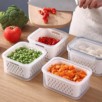 Fridge Food Storage Container with Lids, Plastic Fresh Produce Saver Keeper for Vegetable Fruit Kitchen Refrigerator Organizers 7~10days