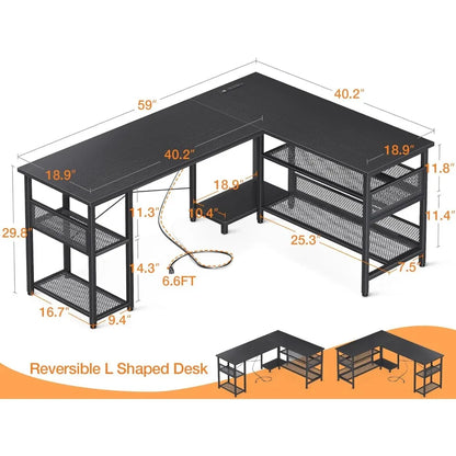 59" L Shaped Desk with Power Outlet and USB Charging Ports, Reversible L Shaped Computer Desk with Storage Shelves 2~8days