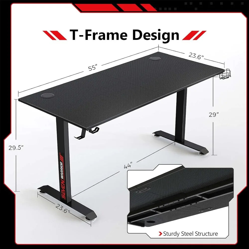 Gaming Desk 55’’, T-Shaped Carbon Fiber Surface Computer Desk with Full Mouse Pad, Gamer Desk with Headphone Hook, USB Rack 2~8days