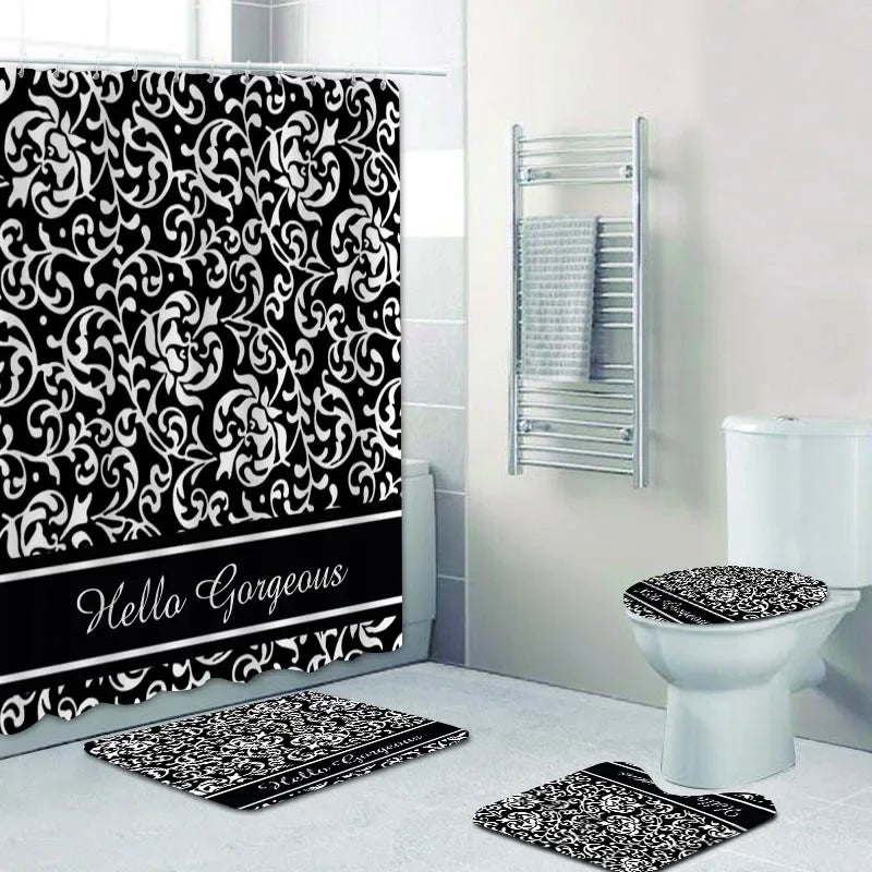 Luxury Black Gold Damask Shower Curtain Bath  Set 7~16days