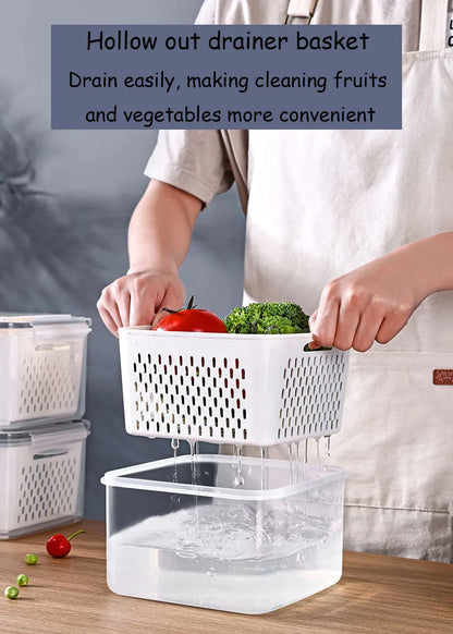 Fridge Food Storage Container with Lids, Plastic Fresh Produce Saver Keeper for Vegetable Fruit Kitchen Refrigerator Organizers 7~10days