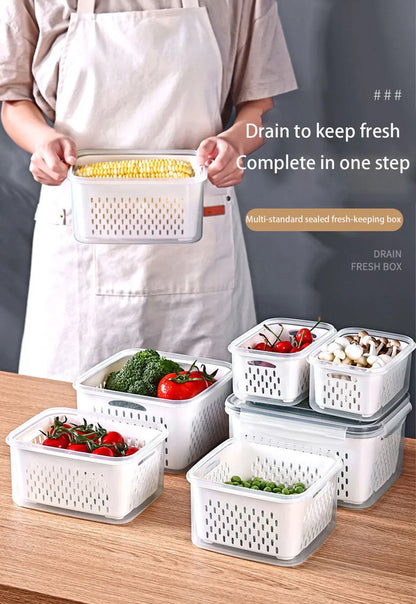 Fridge Food Storage Container with Lids, Plastic Fresh Produce Saver Keeper for Vegetable Fruit Kitchen Refrigerator Organizers 7~10days