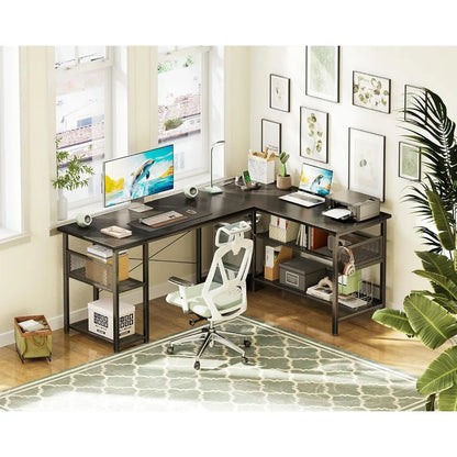 59" L Shaped Desk with Power Outlet and USB Charging Ports, Reversible L Shaped Computer Desk with Storage Shelves 2~8days