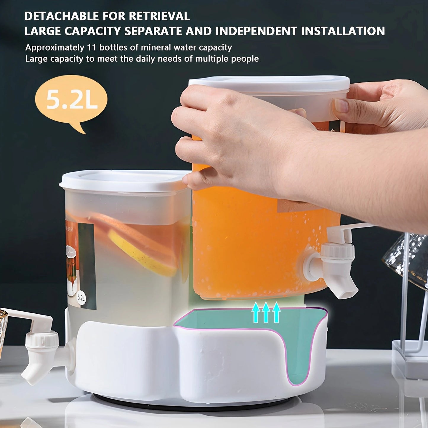 5.1L Drink Dispenser With Leakproof Faucet 360° Rotatable Juice Jug Dispenser 3 Compartment Removable Beverage Dispenser 9~13days