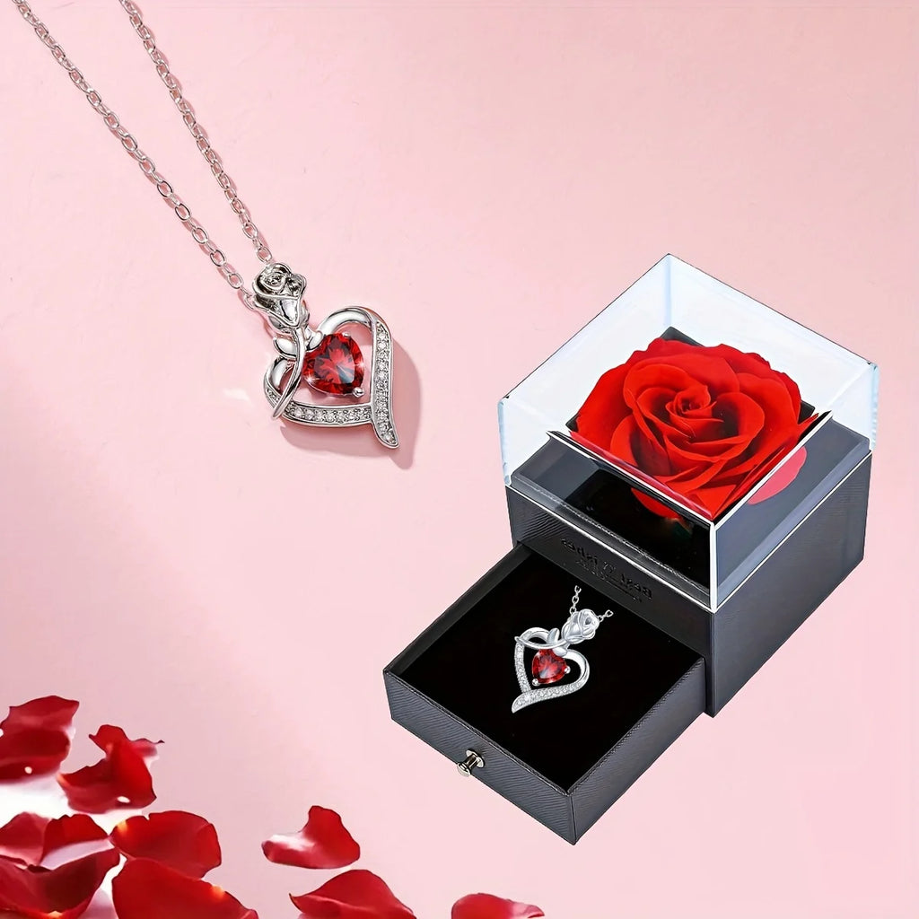 Luxury Red Zircon Heart Necklace With Rose Flower Gift Box 7~10days