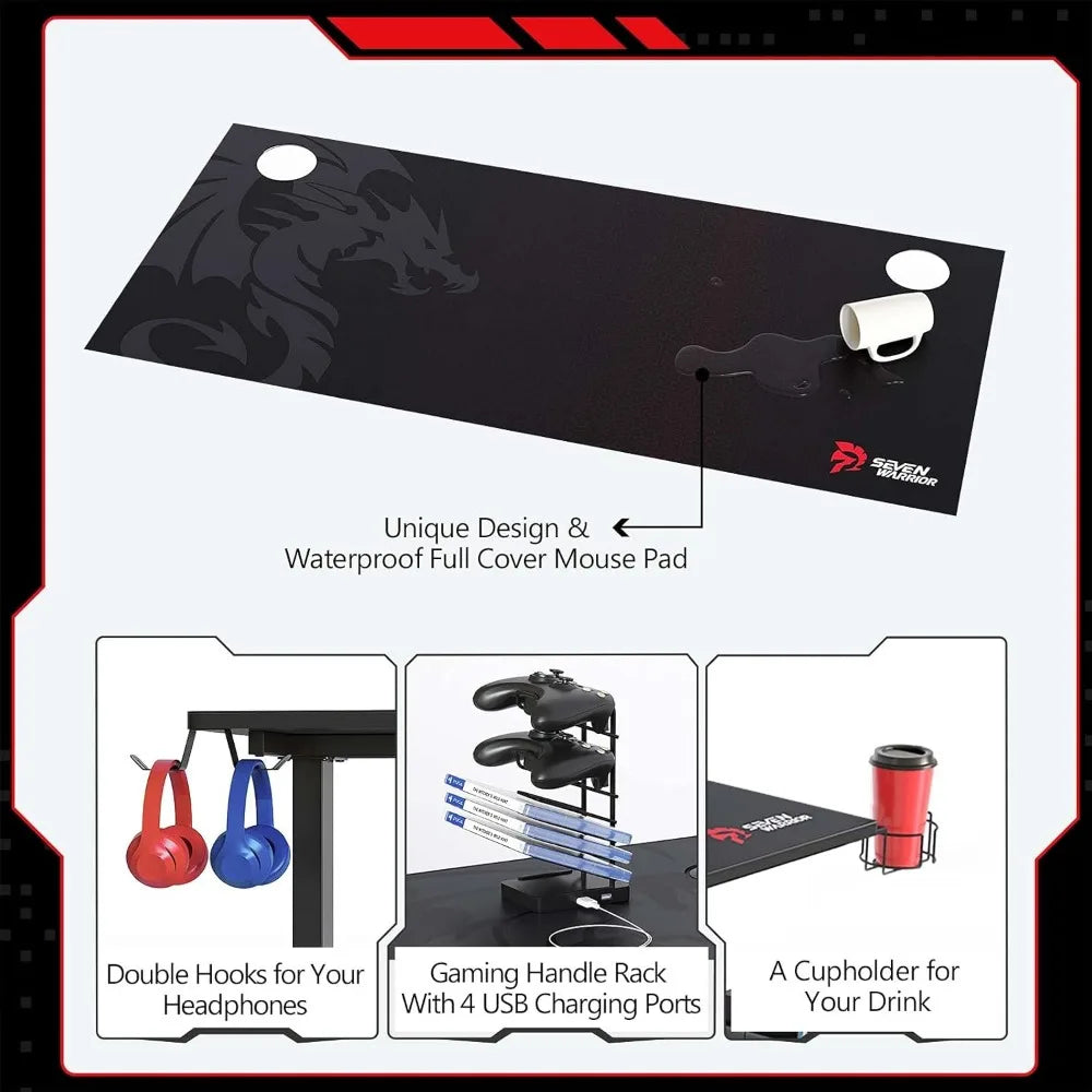 Gaming Desk 55’’, T-Shaped Carbon Fiber Surface Computer Desk with Full Mouse Pad, Gamer Desk with Headphone Hook, USB Rack 2~8days