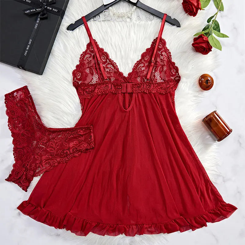 Thin Style G-string Contrast Lace Ruffle Trim Lingerie Set 7~10days