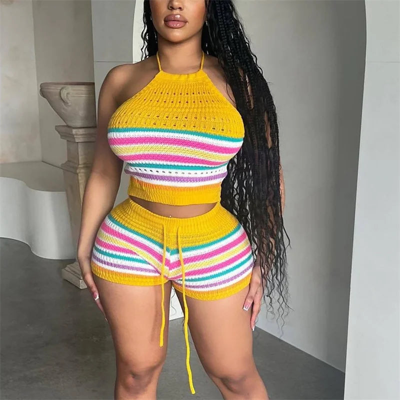 Women Suits Hhanging Neck Lace-up Sleeveless Backless Tops Female Casual Knitted Rainbow Stripes Two Piece Sets Slim Fit Shorts 7~10days