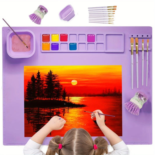 Silicone Painting Mat Art Mat with Cup, Cleaner Tool &10 Paint Brushes 2~8days