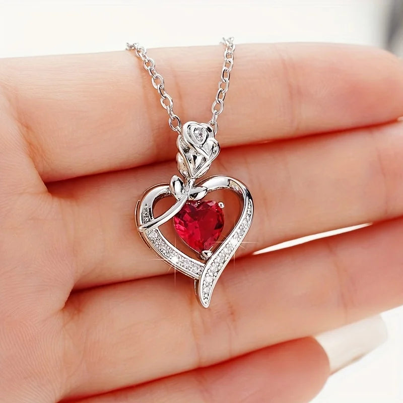 Luxury Red Zircon Heart Necklace With Rose Flower Gift Box 7~10days