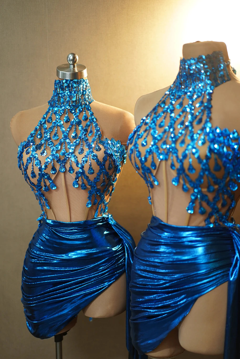 Sparkly Rhinestone Blue Short Dress 2PCS Gorgeous Ladies Party Sexy Dance Exotic Apparel Sexy Dance Show Birthday Bar Party 7~16days