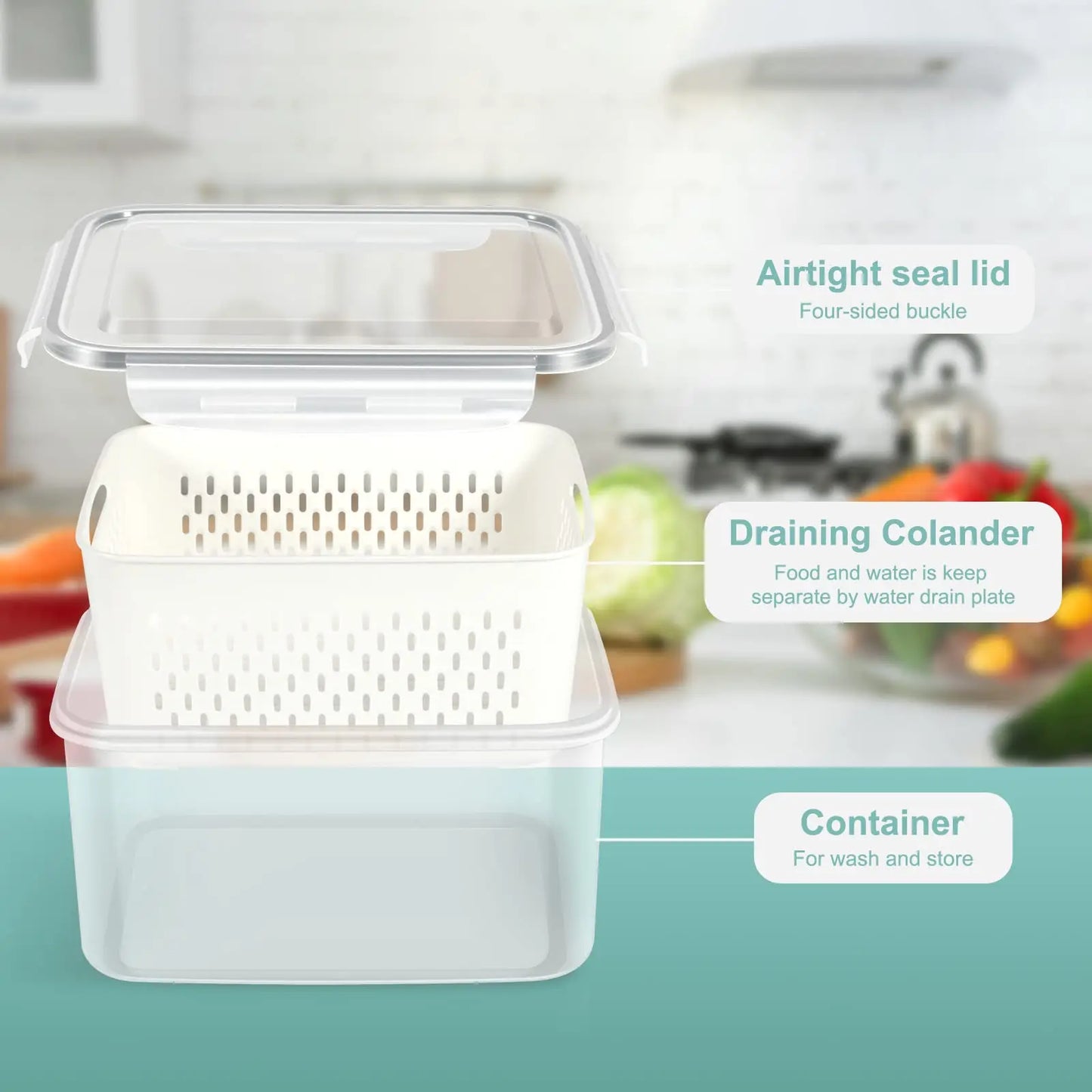 Fridge Food Storage Container with Lids, Plastic Fresh Produce Saver Keeper for Vegetable Fruit Kitchen Refrigerator Organizers 7~10days