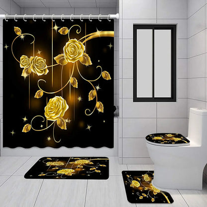 Gold Rose Bathroom Set Luxury Shower Curtain 4pcs 7~16days