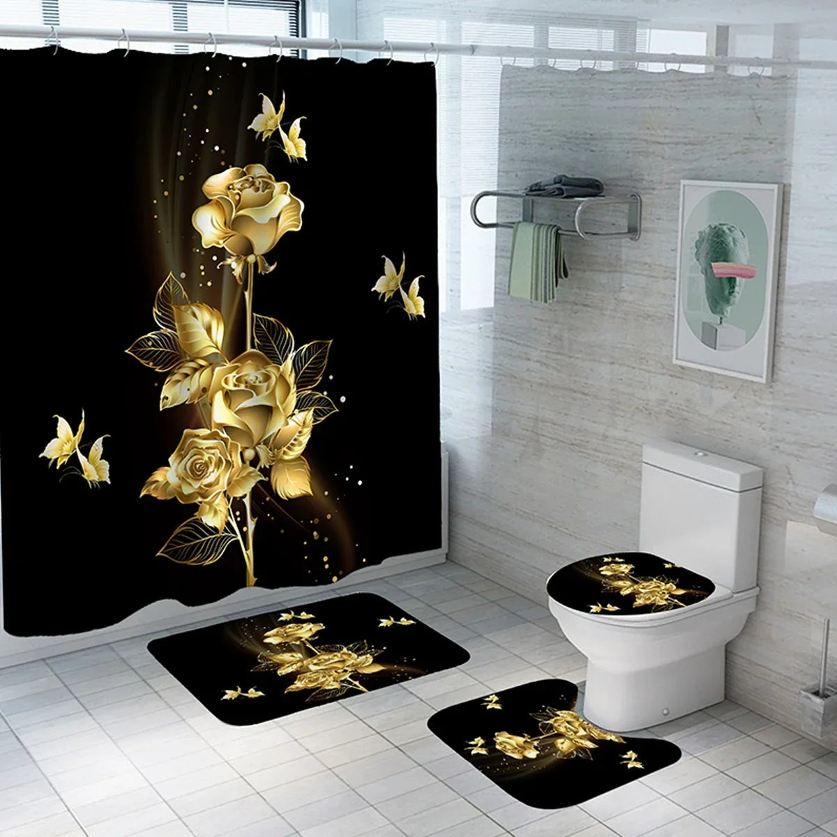 Gold Rose Bathroom Set Luxury Shower Curtain 4pcs 7~16days