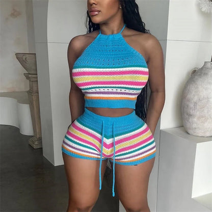 Women Suits Hhanging Neck Lace-up Sleeveless Backless Tops Female Casual Knitted Rainbow Stripes Two Piece Sets Slim Fit Shorts 7~10days