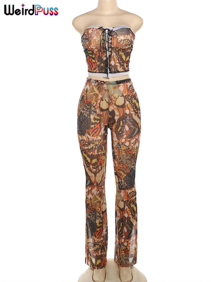 Weird Puss Butterfly Print Women 2 Piece Set See Through Sexy Shirring Strapless Tops+Trousers Matching Hipster Clubwear Outfits 7~10days