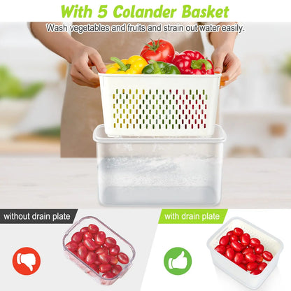 Fridge Food Storage Container with Lids, Plastic Fresh Produce Saver Keeper for Vegetable Fruit Kitchen Refrigerator Organizers 7~10days