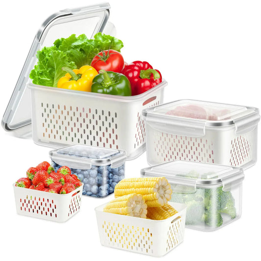 Fridge Food Storage Container with Lids, Plastic Fresh Produce Saver Keeper for Vegetable Fruit Kitchen Refrigerator Organizers 7~10days